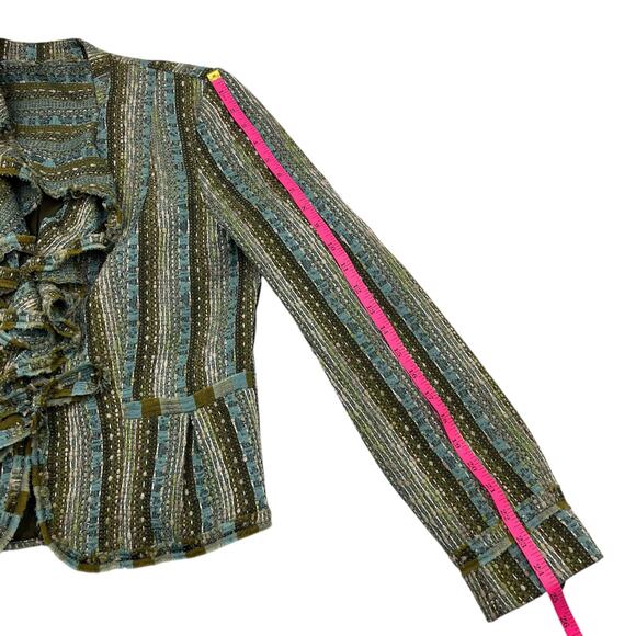 E by ECI Womens Vintage Stripe Ruffle Whimsical Boho Tweed Blazer Sz 10 - Picture 15 of 16
